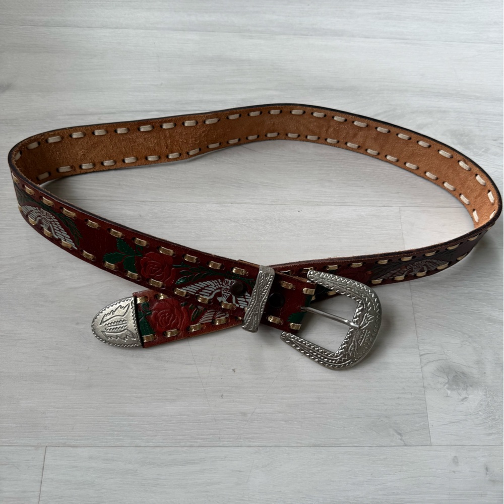 Vintage Mexican Hand Tooled Western Leather Belt